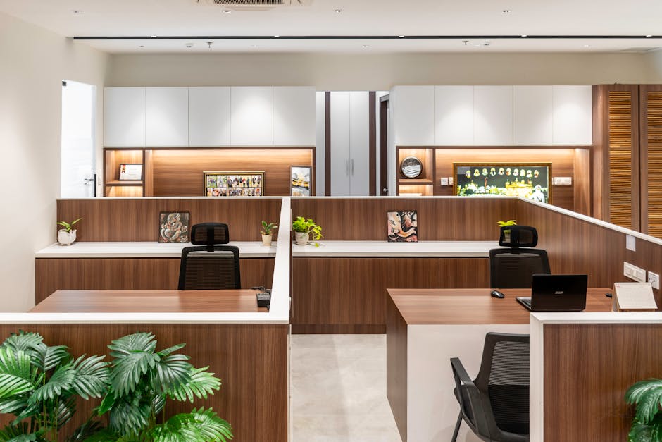 Sleek and contemporary office interior in Punjab with wooden accents and modern decor.